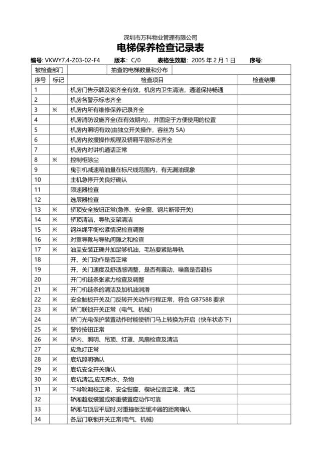 7.4-Z03-02-F4电梯保养检查记录表