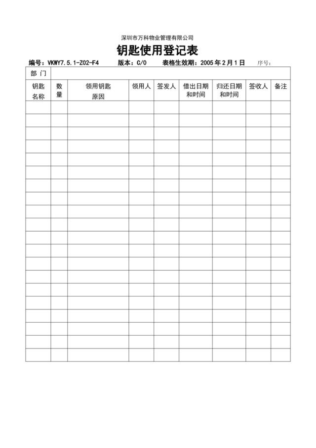 7.5.1-Z02-F4钥匙使用登记表