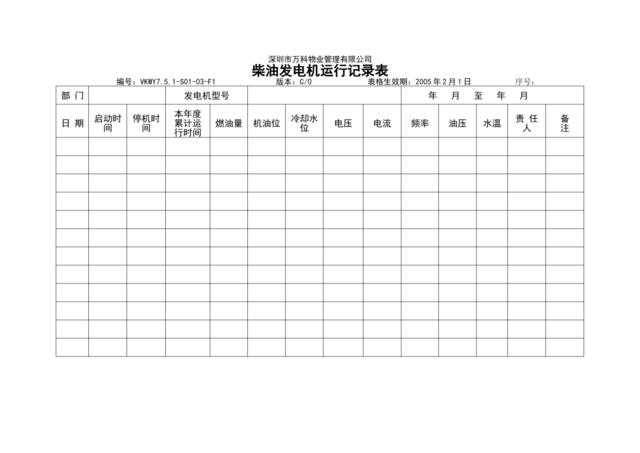 VKWY7.5.1-S01-03-F1柴油发电机运行记录表