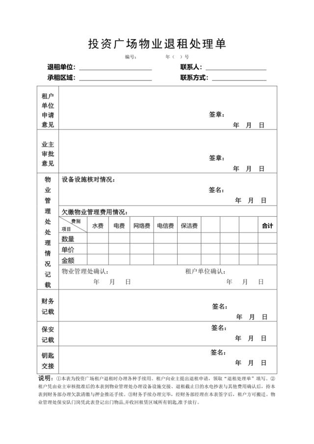 投资广场物业退租处理单