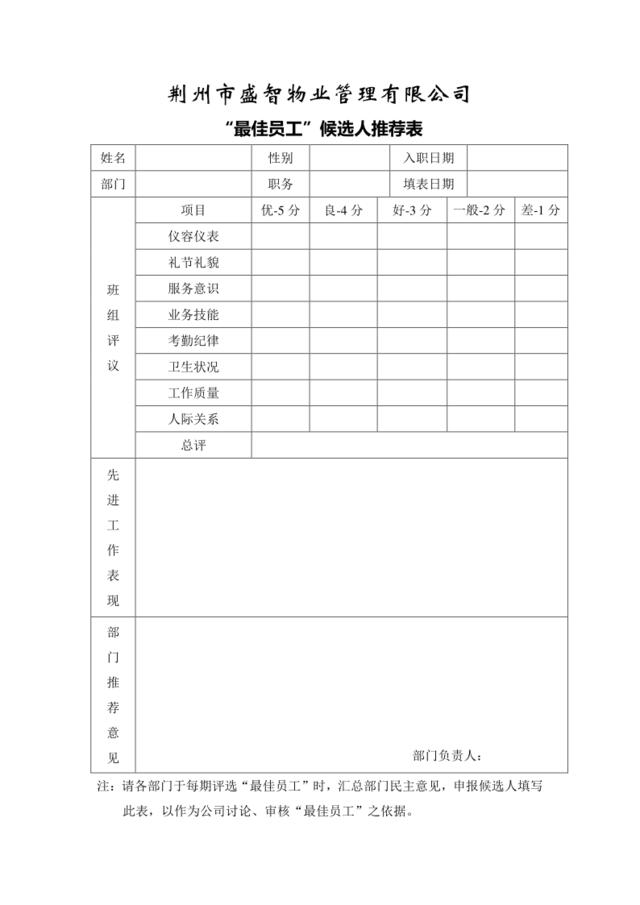 最佳员工候选人申报表