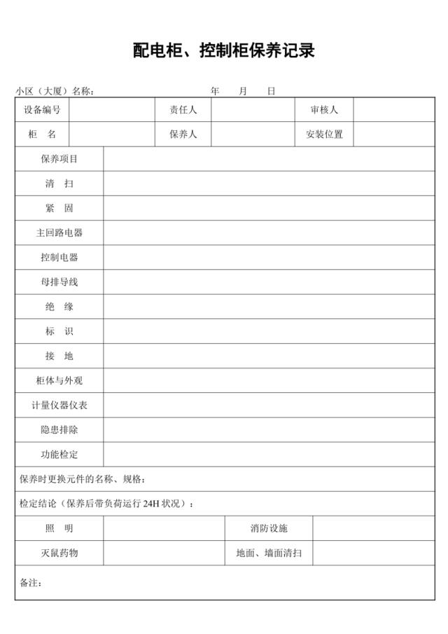 配电柜、控制柜保养记录