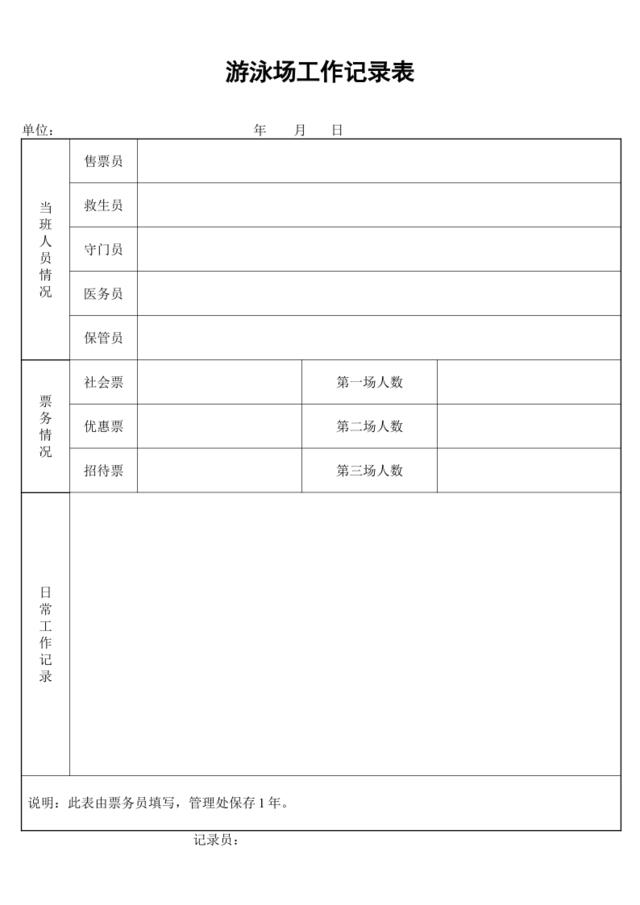 游泳场工作记录表