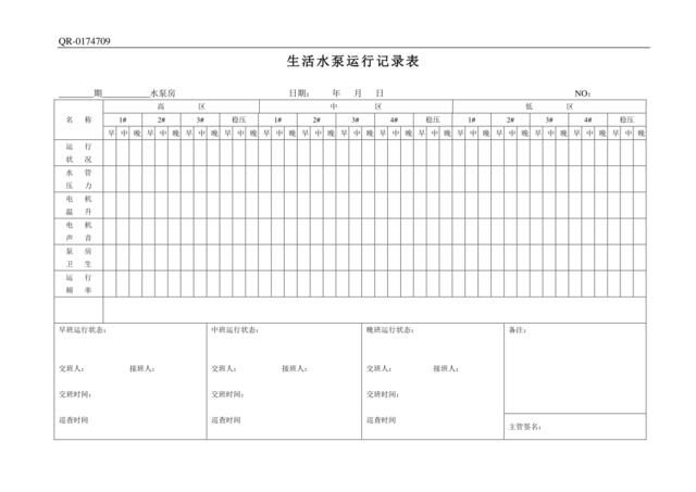 QR-0174709生活水泵运行记录表