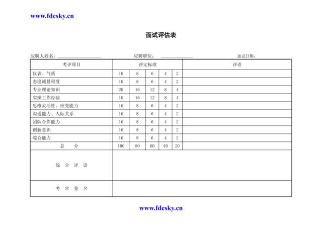 WDWY-FR-MM5102面试评估表83