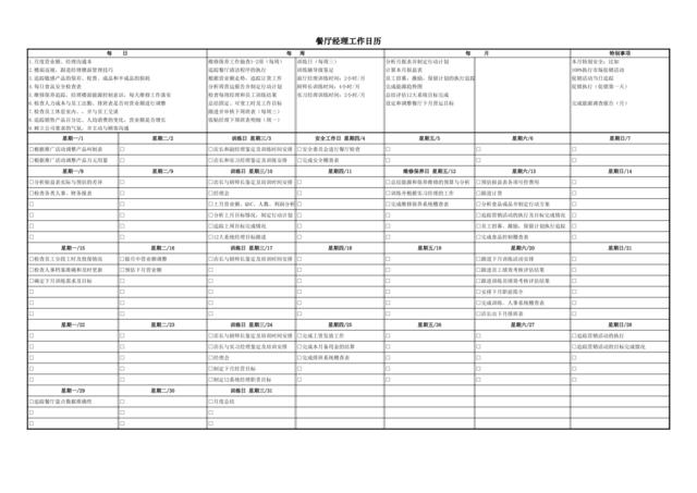 餐厅经理工作月历