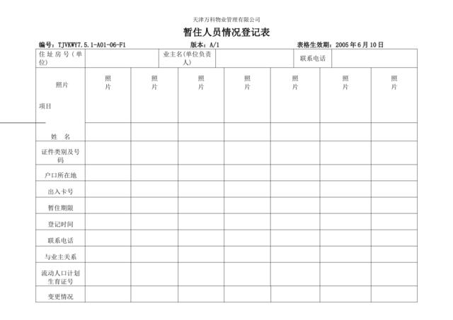 暂住人员情况登记表