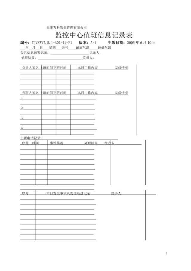 监控中心值班信息记录表