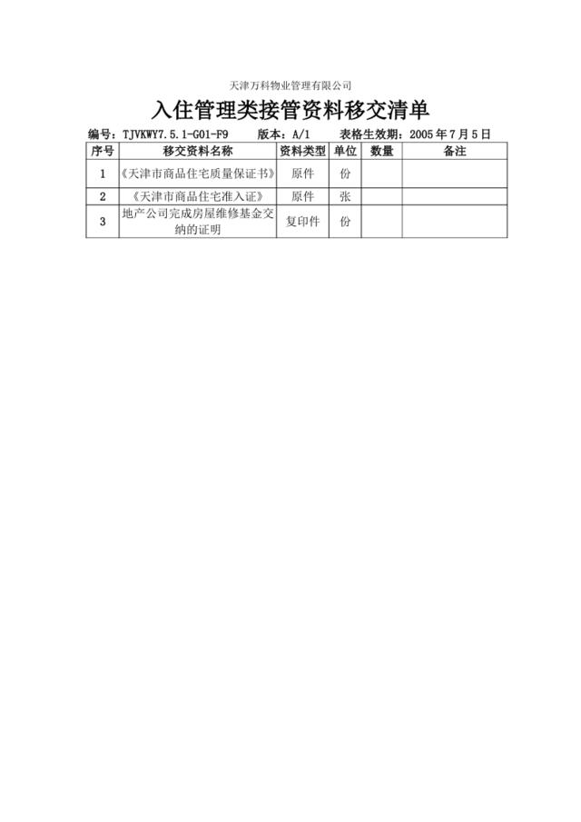 入住管理类接管资料移交清单9