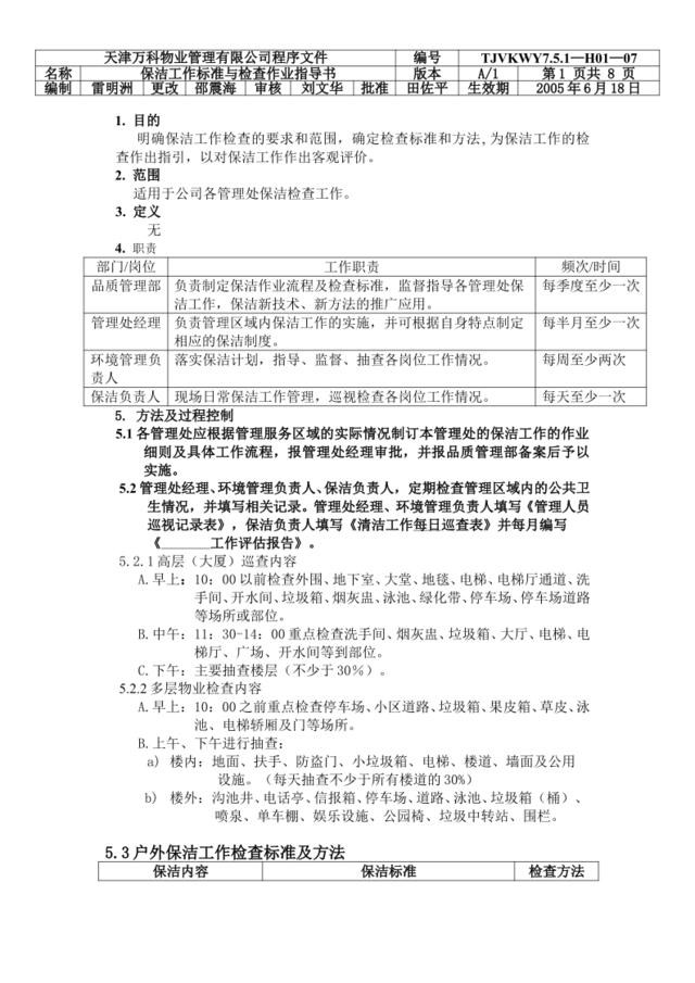 保洁工作标准与检查作业指导书