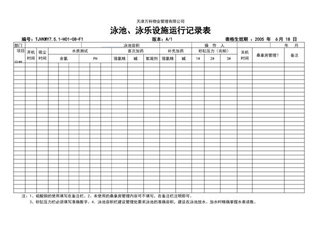 泳池、泳乐设施运行记录表（表）