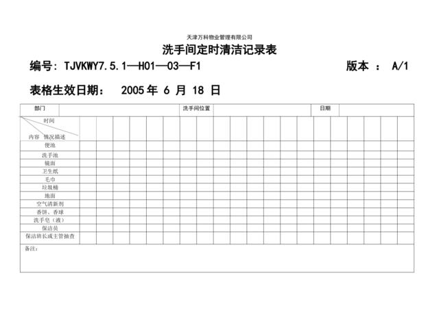 洗手间定时清洁记录表（表）