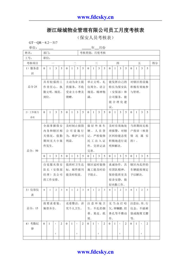 保安员月度考核表