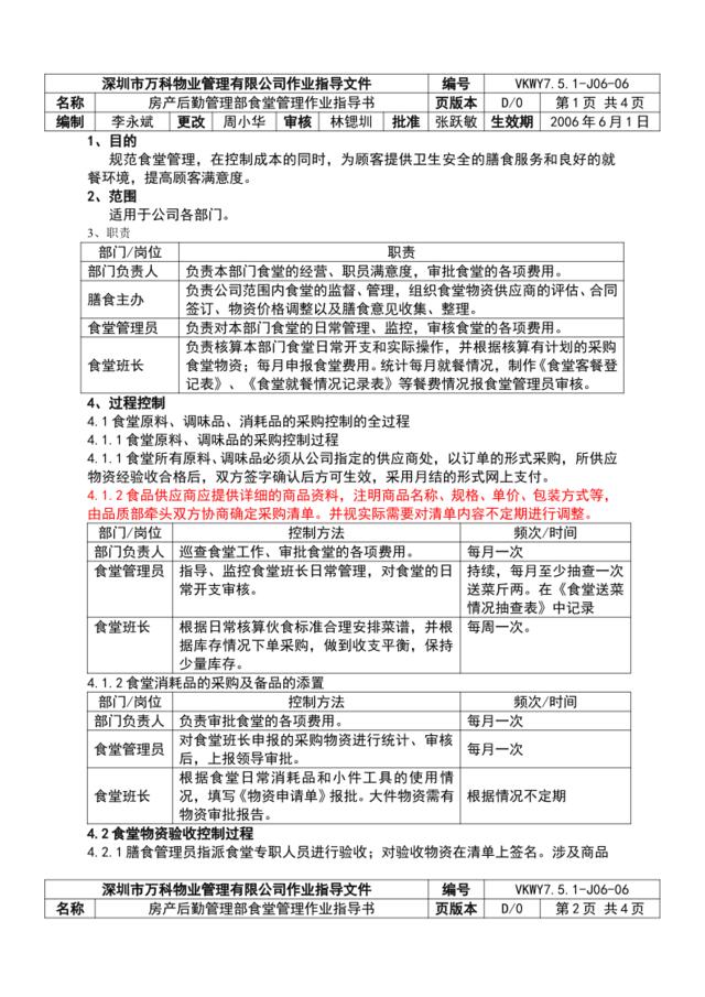 7.5.1-J06-06房产后勤管理部食堂管理作业指导书