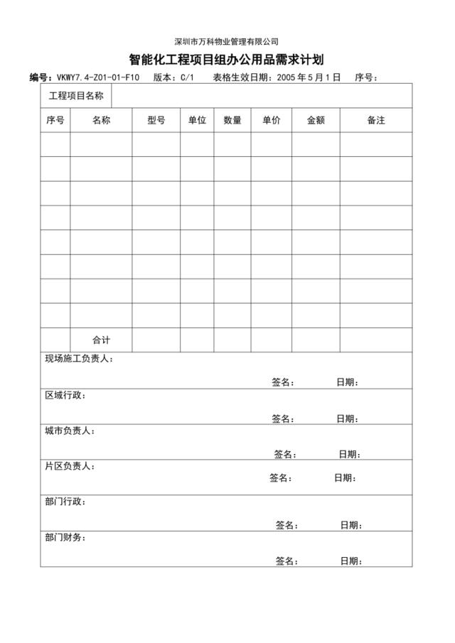 7.4-Z01-01-F10智能化工程项目组办公用品需求计划