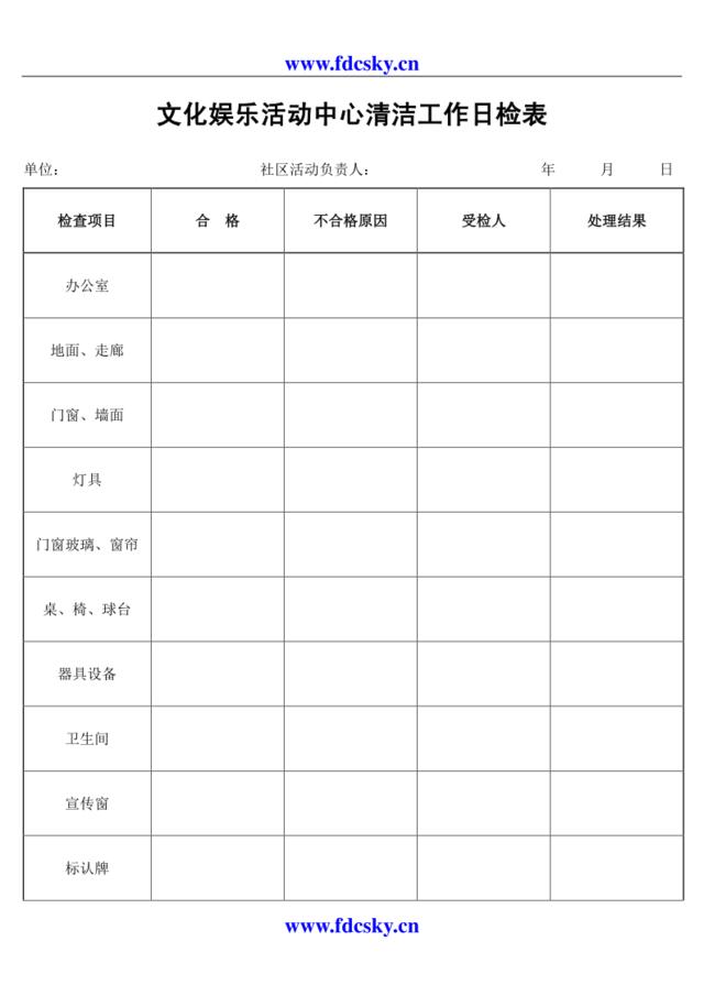 文化娱乐活动中心清洁工作日检表