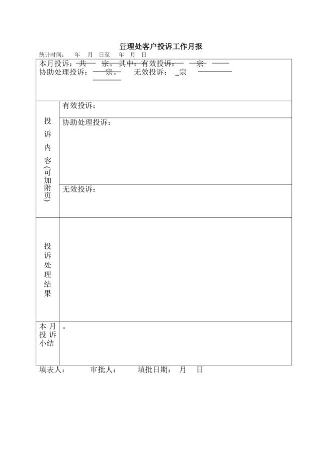 1、部门客户投诉工作月报