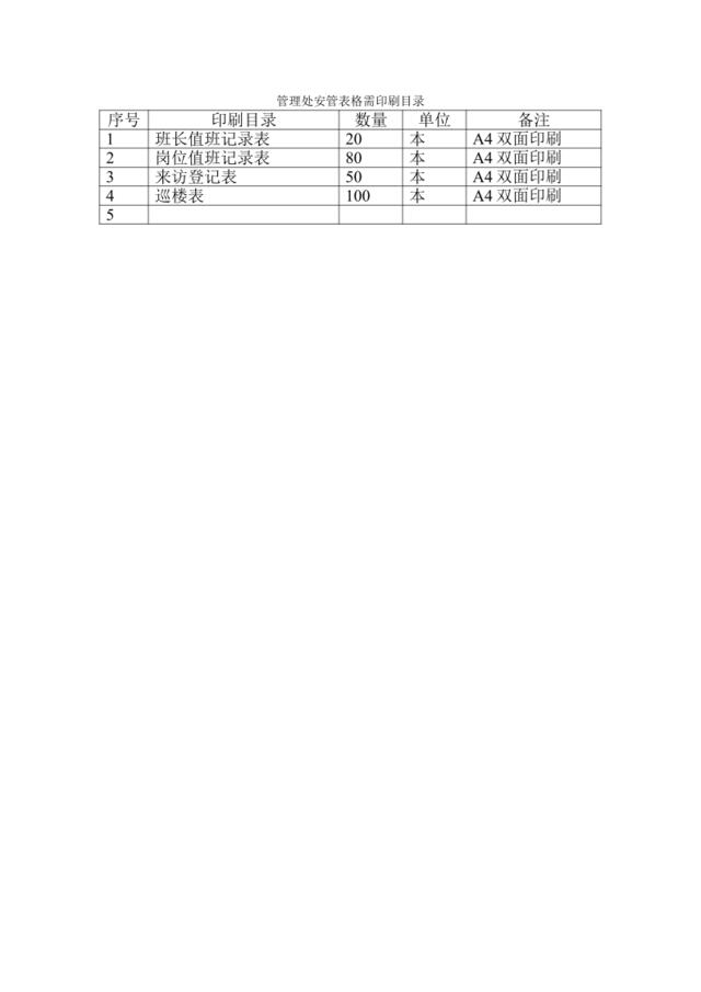 管理处安管表格需印刷目录