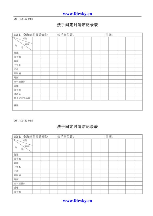 QF-1105-BJ-02.0洗手间定时清洁记录表