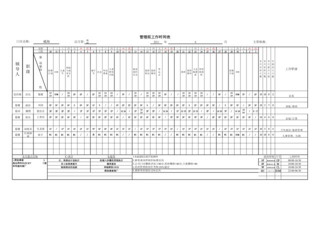 威海店6月管理组班表及店长行事历