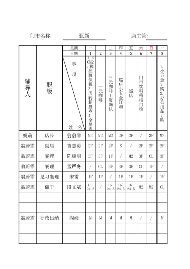 姚萌区管理组班表及店长行事历2月