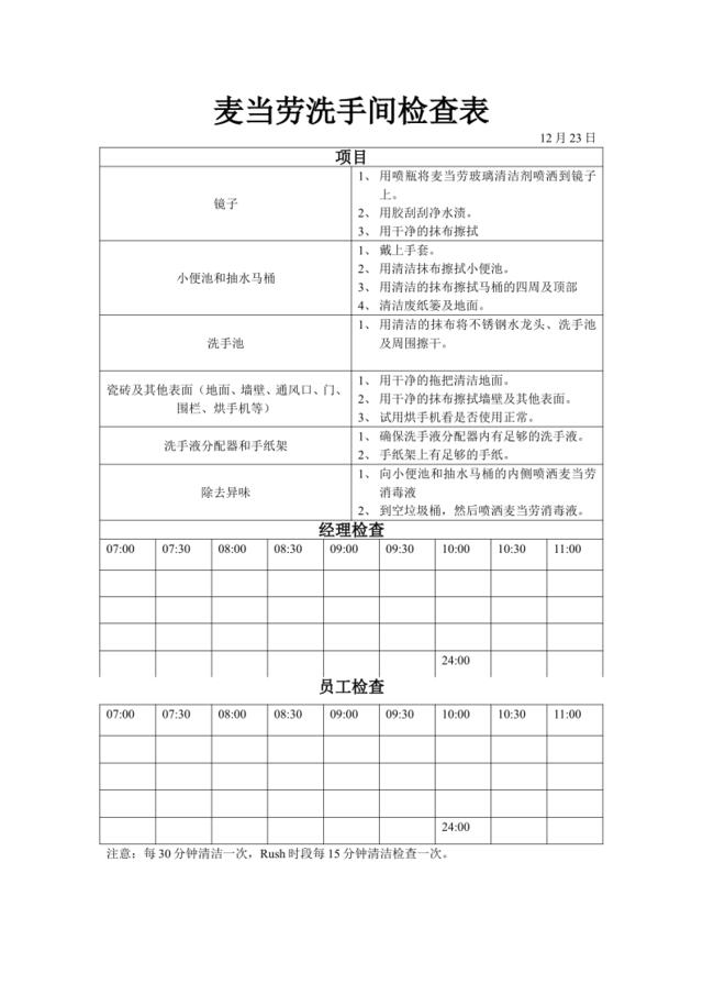 麦当劳洗手间检查表