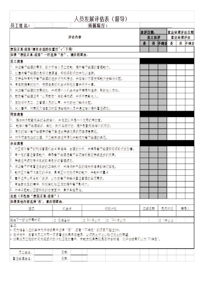 人员发展评估表---营运经理