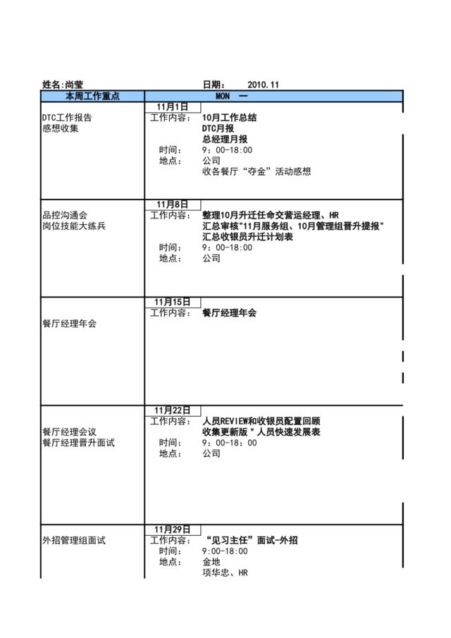 2010年11月工作计划表-尚莹