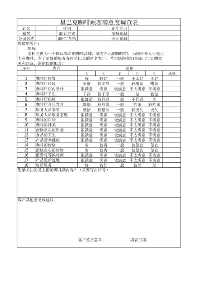 星巴克咖啡顾客满意度调查表