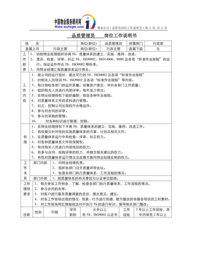 行政部品质管理员岗位工作说明书