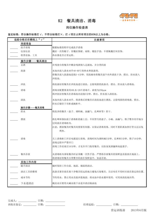 岗检表K2餐具清洁消毒