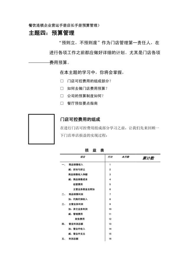 餐饮连锁企业营运手册店长手册预算管理