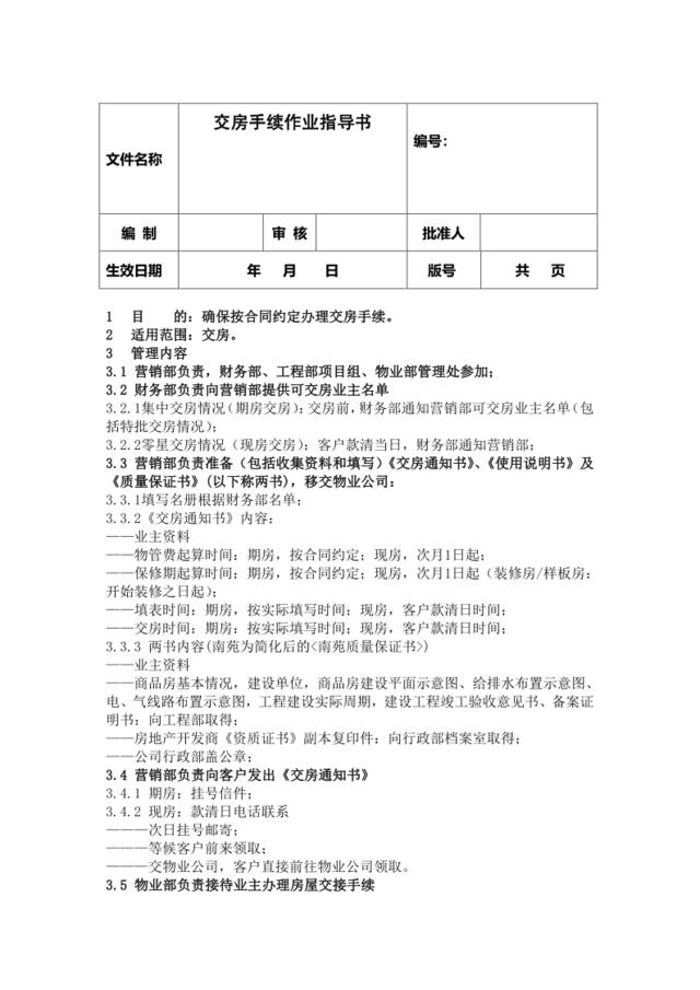 20交房合同手续作业指导书目录（公司级）