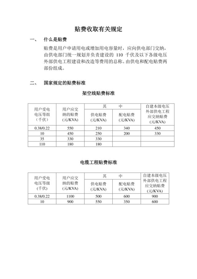 贴费收取有关规定