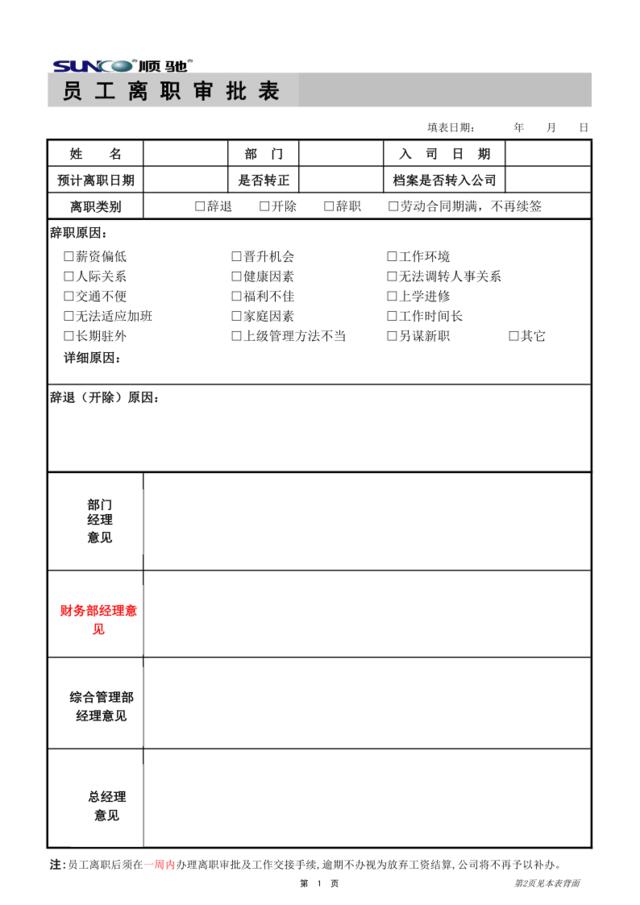 19、员工离职审批表（正面）