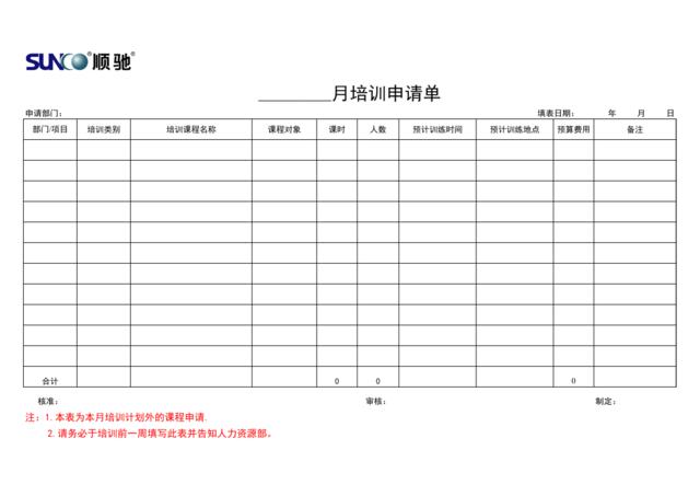 培训相关表格物业