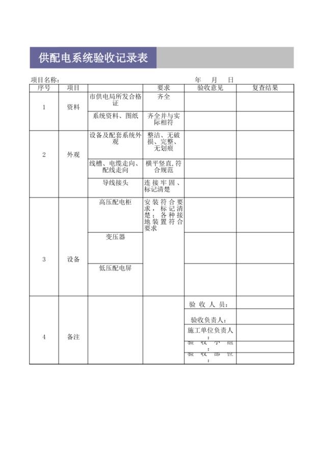 供配电系统验收记录表SW-SP1