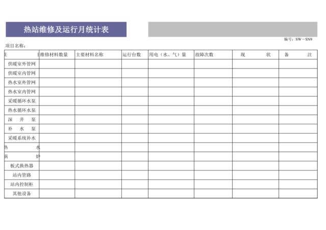 热站维修及运行月统计表SW-SN9