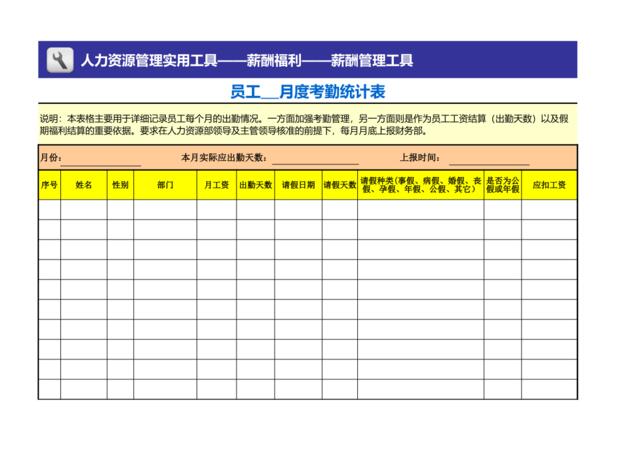 员工月度考勤统计表