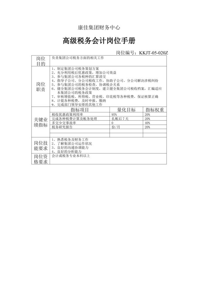 康佳集团财务中心高级税务会计岗位手册表1