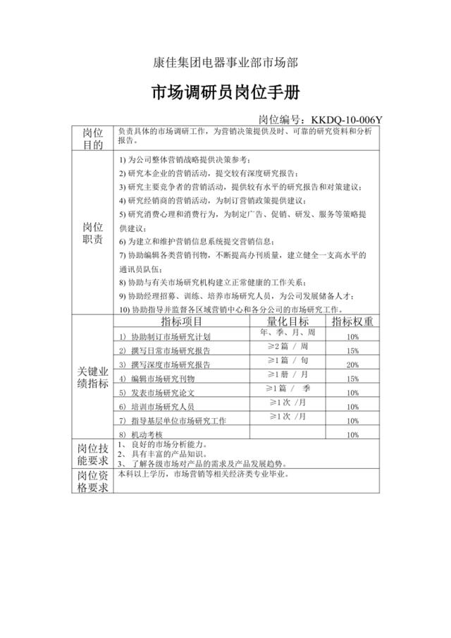 电器事业部市场部市场调研员岗位手册一