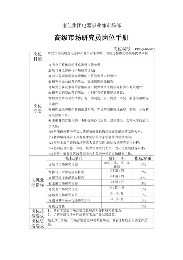 电器事业部市场部高级市场研究员岗位手册一