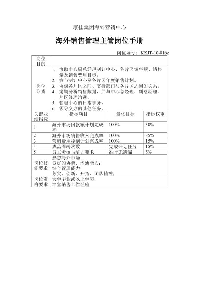 海外销售管理主管岗位手册