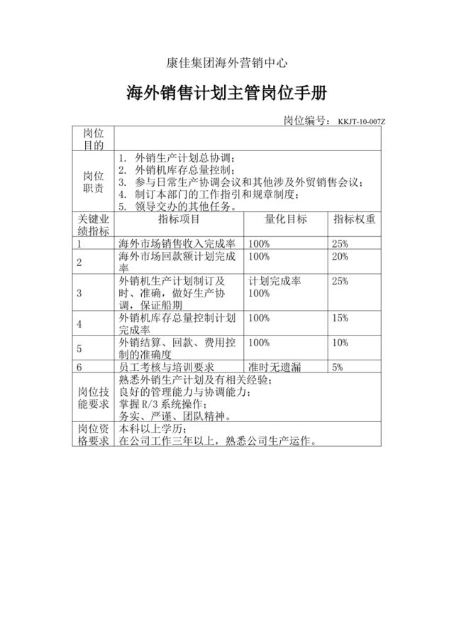 海外销售计划主管岗位手册