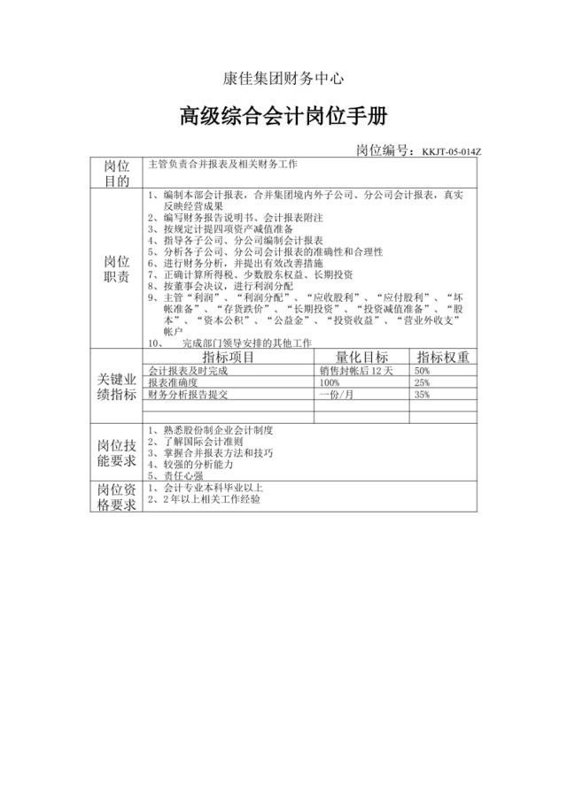 康佳集团财务中心高级综合会计岗位手册表1