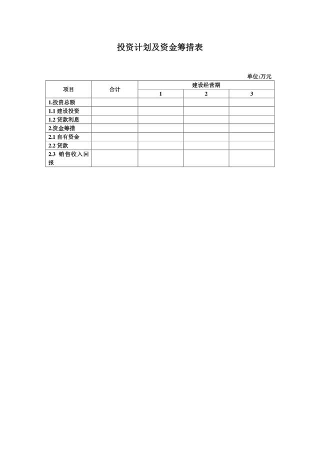 投资计划及资金筹措表