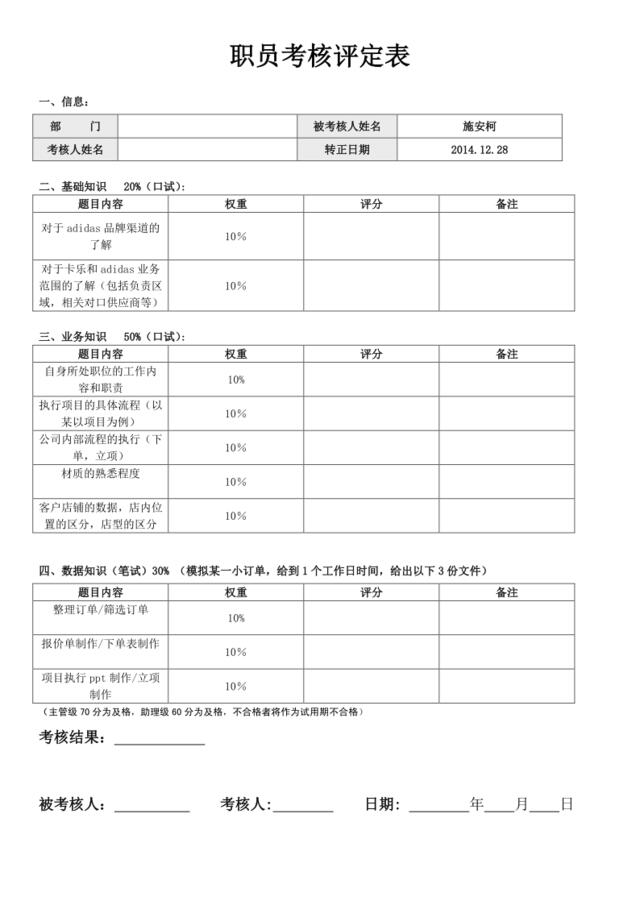 试用期转正考核表（客服部）