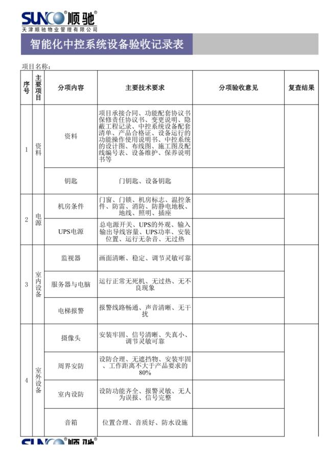 智能化中控系统设备验收记录表SW-SZ1