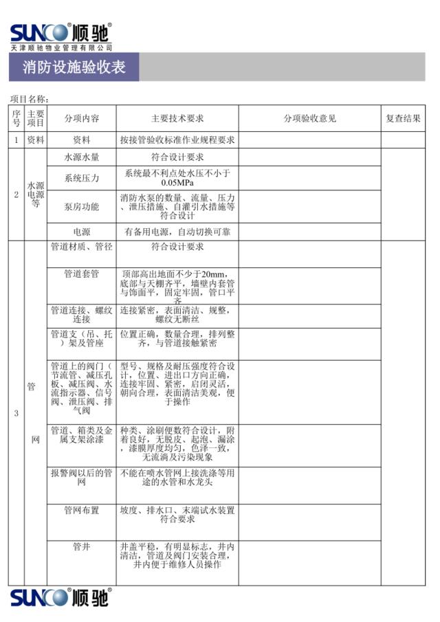 消防设施验收表SW-SX1