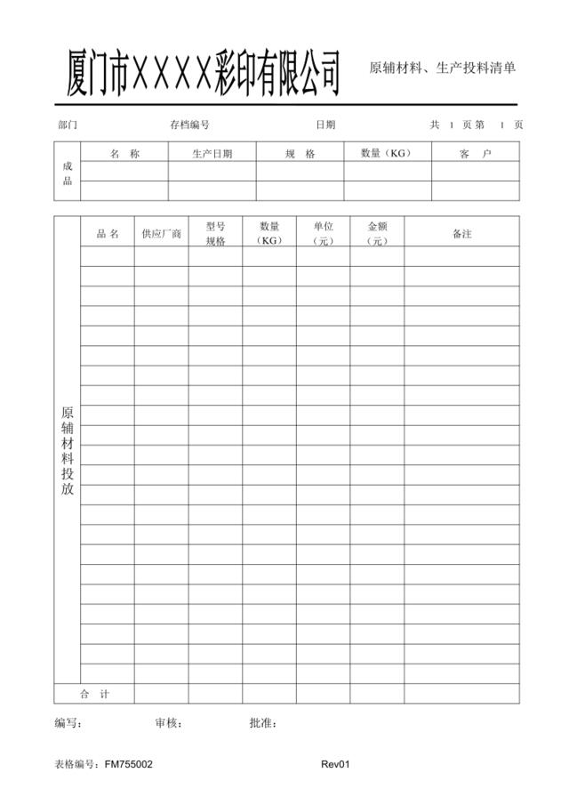 FM755002原辅材料生产投料清单